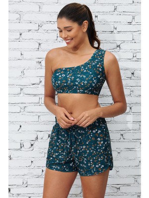 Floral Print One Shoulder Crop Bikini Top And High-waist Boy Shorts Set