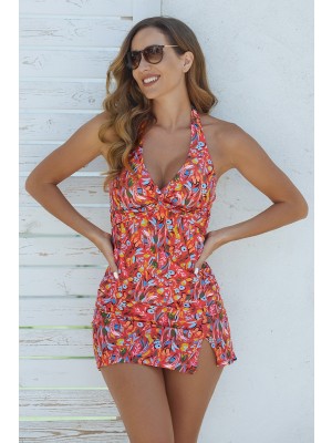Red Botanical Floral Halter V Neck Tankini Set