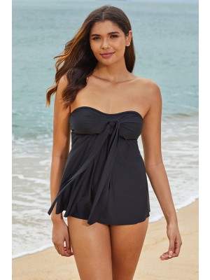 Black Strapless Bandeau Twist Front Long Tie Tankini Set