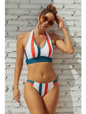 Striped Print V-neck Bikini Set