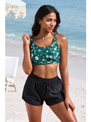 Green Floral Scoop Neck Adjustable Strap  Bikini Top And High-waist Boy Shorts Set
