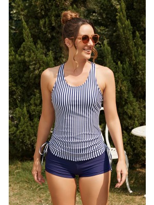 Blue Vertical Stripe Scoop Neck Wide Strap Track Tankini Set with Drawstring