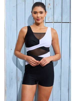 Black&White Mesh V-Neck Twist Front One-Piece Swimsuit