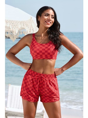 Red Plaid Scoop Neck Adjustable Straps Bikini Top And High-waist Boy Short