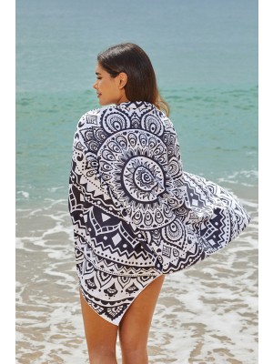 Black Floral Print Beach Towel
