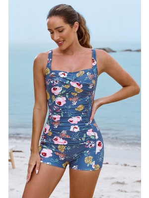 Blue Floral Sweetheart Neck Twist Front Ruching Tummy Control Casual One-Piece Swimsuit