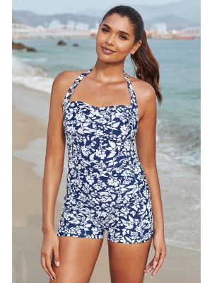 Blue Floral Sweetheart Neck Adjustable Straps Ruching Front One-Piece Swimsuit