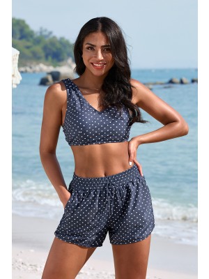 Navy Polka Dot V-Neck Crossback Bikini Top And High-waist Boy Short