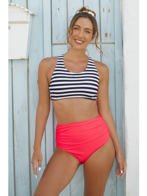 Striped Scoop Neck Crossback Active Bikini Top And Red High-waist Bottom
