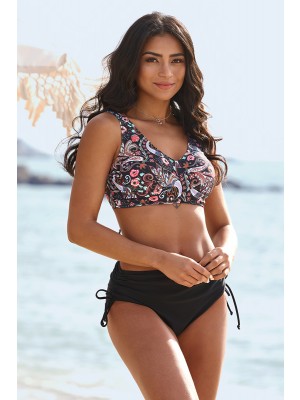 Colorful Floral Twist Front V-neck Strappy Bikini Top And Drawstring Bottom Set
