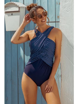 High Neck Blue And White Dot One-Piece Swimsuit