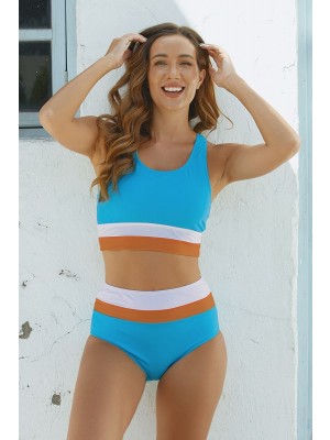 Blue Color Block Wide Strap Bikini Top and High-waist Bottom