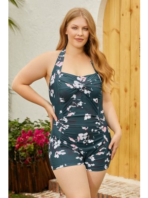 Floral Halter Strap Sweetheart Neck Ruching Tummy Control Casual One-Piece Swimsuit