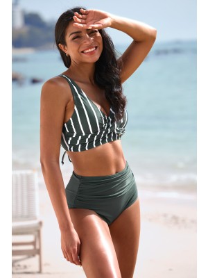 Green Striped V-neck Wide Strap Twist Front Strappy Bikini Set