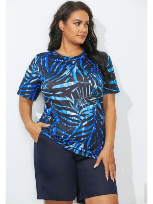 Blue Leaves Print Swim Tee With Short