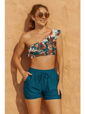Coffee Floral Print One Shoulder Crop High Waist Bikini Top And Blue High-waist Boy Shorts