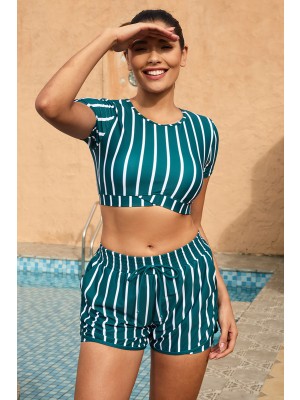 Green Striped High Neck Sleeve Bikini Top And High-waist Boy Short
