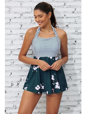 White &  Green Colorblock Stripe Halter Straps Sweetheart Neck Casual Swimdress