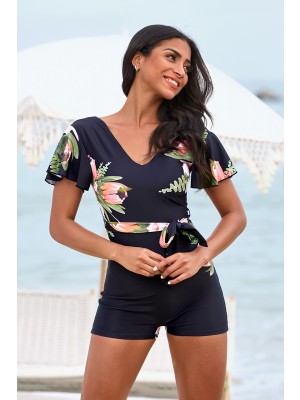Vintage Black Floral V-Neck Flutter Sleeves Belt One-Piece Swimsuit with Shorts