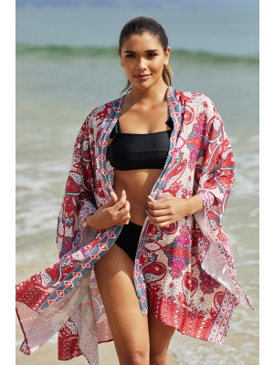 Red Geometric Patterns Cardigan Batwing Sleeves Boho Style Loose Cover Up