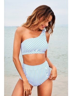 Striped One Shoulder High-waist Bikini Set