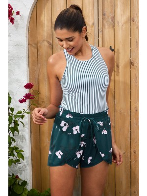 Striped Scoop Neck Racer Back Tankini Top And Floral HighWaist Boy Short