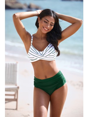 Classic Green Striped Adjustable Strap Sweetheart Neck Twist Front Crossback Bikini Set