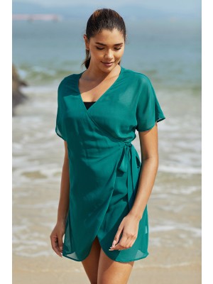 Green V Neck Wrap Ties Short Sleeves Beach Dress