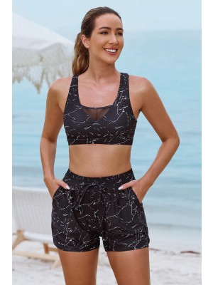 Black Mesh Patchwork V-Neck Cute Bikini Top And High-Waist Boy Shorts Set
