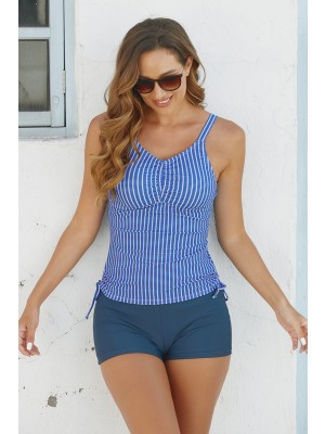 Striped V Neck Drawstring Tankini Set