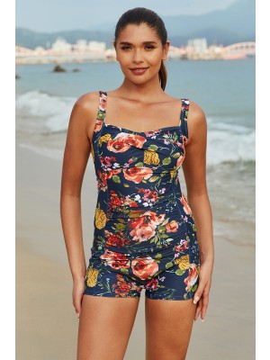 Dark Green Floral Sweetheart Neck Adjustable Straps Ruching Front One-Piece Swimsuit