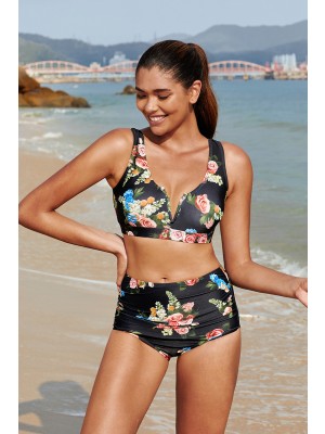 Black Floral V-neck Wide Straps Sexy Bikini Top and Bottom Set