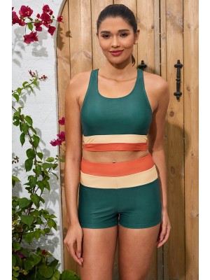 Teal Color Block Scoop Neck Wide Straps Sporty Bikini Top And  Boy Shorts Sets