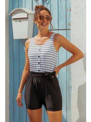 Striped Scoop Neck Button Belt One-Piece Swimsuit