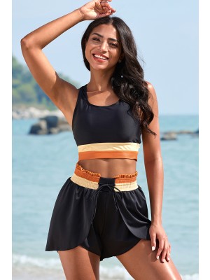 Black Color block Scoop Neck Wide Straps Sporty Bikini Top And High-waist Boy Shorts Set