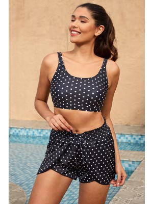 Black Polka Dot Square Neck Adjustable Straps Bikini Top And High-waist Boy Short