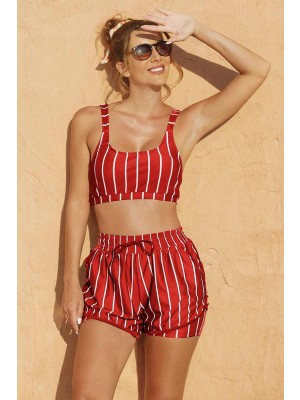 Red Striped Square Neck Wide Straps Sporty Bikini Top And High-waist Boy Shorts