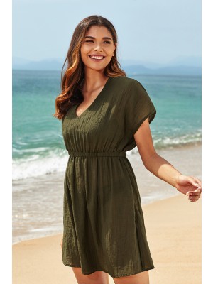 Soild Deep Green VNeck Side Split Beach Dress
