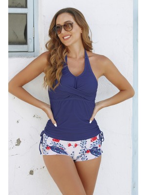 Navy Halter Straps Drawstring Side Tankini Set