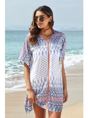 Geometric Print VNeck HalfSleeves Loose Cover Up