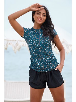 Blue Floral High Neck Short Sleeves Zipper Front Side Drawstring Tankini Top And Floral High-Waist Boy Shorts Set