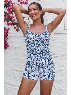 Blue & White Sweetheart Neck Adjustable Straps Ruching Front Tummy Control One-Piece Swimsuit