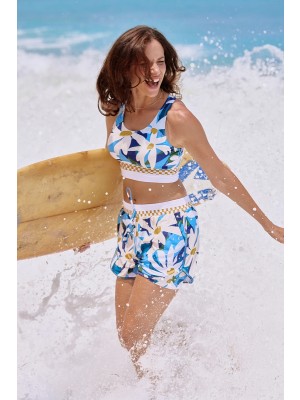Blue Floral  Square Neck Wide Straps Sporty Bikini Top And High-waist Boy Shorts