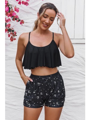 Black Scoop Neck Ruffled Hem Cute Bikini Top And High-Waist Boy Shorts Set