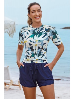 Floral Pattern Round Neck Sleeves Zipper Back Side Drawstring Tankini Top And High-Waist Boy Shorts Set