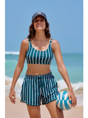 Green Striped Square Neck Wide Straps Sporty Bikini Top And High-waist Boy Shorts