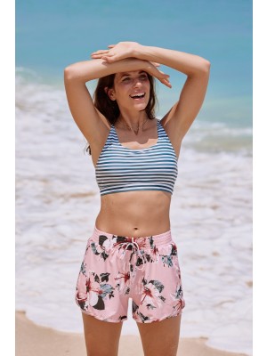 Striped Scoop Neck Adjustable Straps Bikini Top And Floral High-waist Boy Short