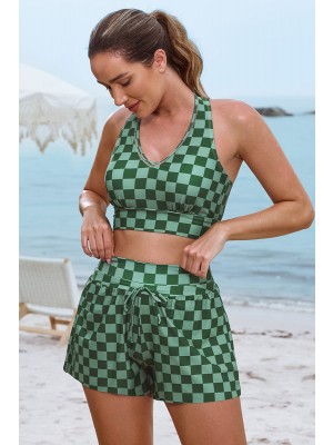 Green Plaid Heart Neck Sporty Bikini Top And High-Waist Boy Shorts Set