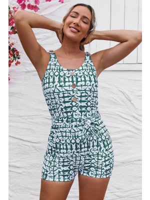 Green Geometric Scoop Neck Wide Straps Button Belt One-Piece Swimsuit