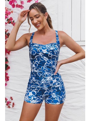 Blue Floral Adjustable Straps Sweetheart Neck Twisted Front Ruching Tummy Control Casual One-Piece Swimsuit
